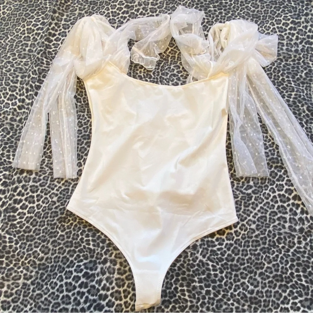 Free People Tongue Tied Bodysuit Chiffon Sheer Sleeves NWT Size XS